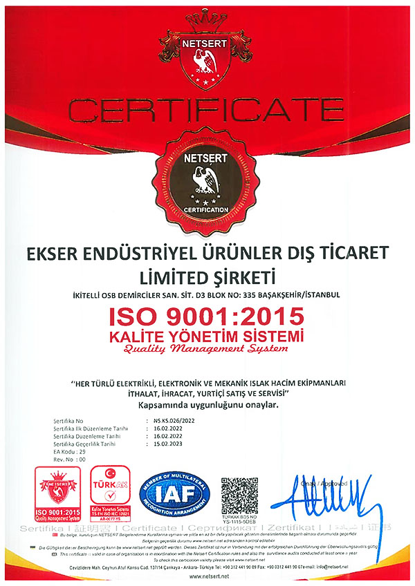 Ekser Endüstriyel ISO 9001 Sertifikası